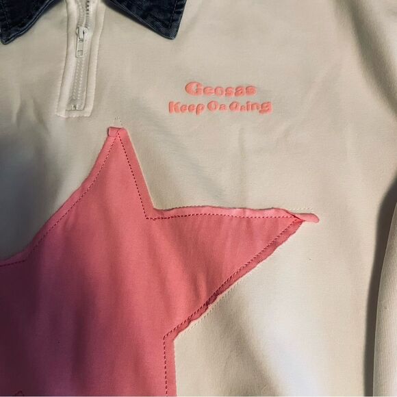 Aelfric Eden Denim Lapel 1/4 Zip Sweatshirt Star front EUC White/Pink SZ XL - Picture 5 of 9